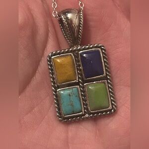 Vintage Multicolor Stone Windowpane Pendant Necklace